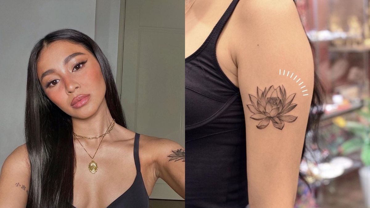 Nadine Lustre lotus flower tattoo on her left arm — symbol of rising above hardship