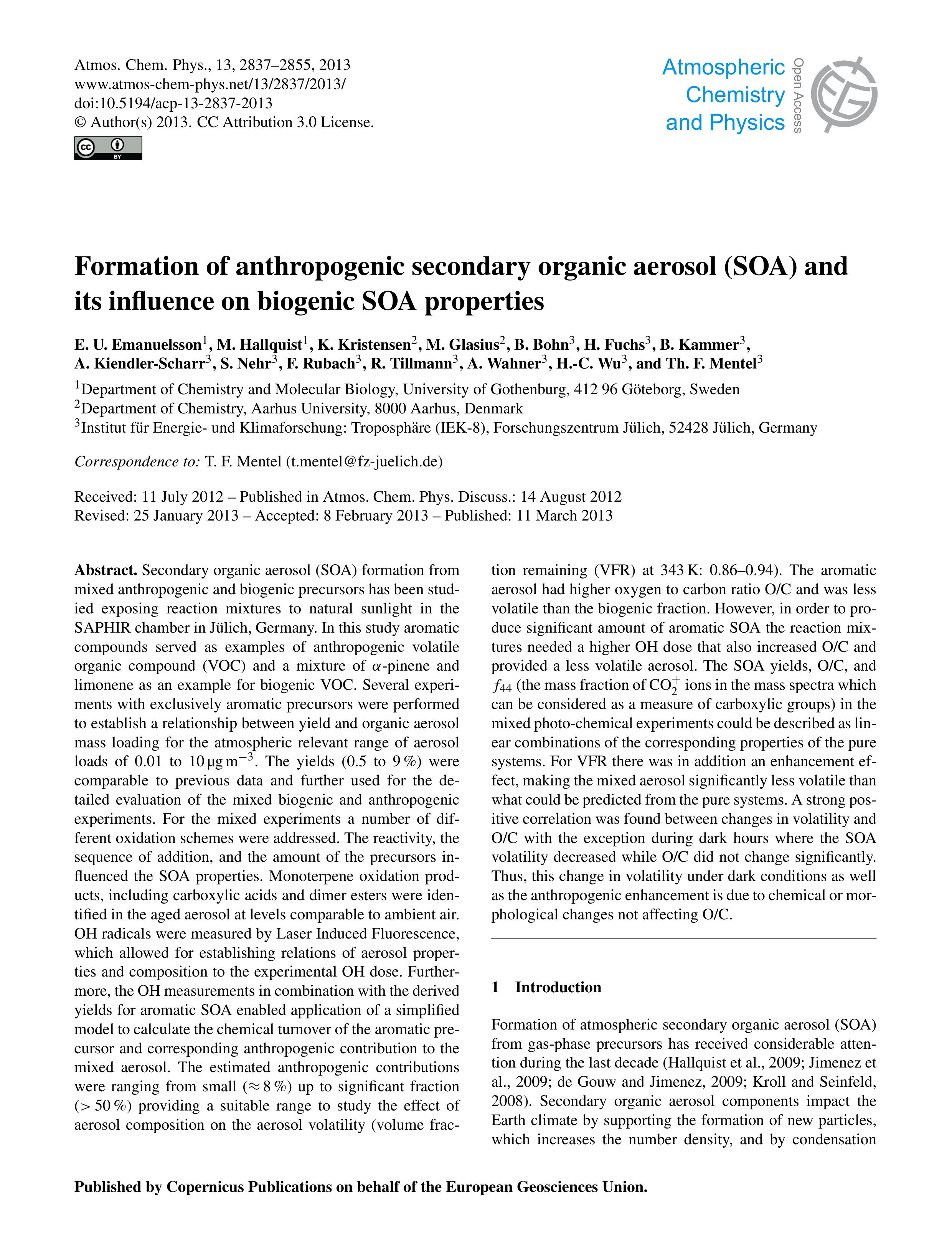 formation of anthropogenic secondary organic aerosol soa and its influence on biogenic soa