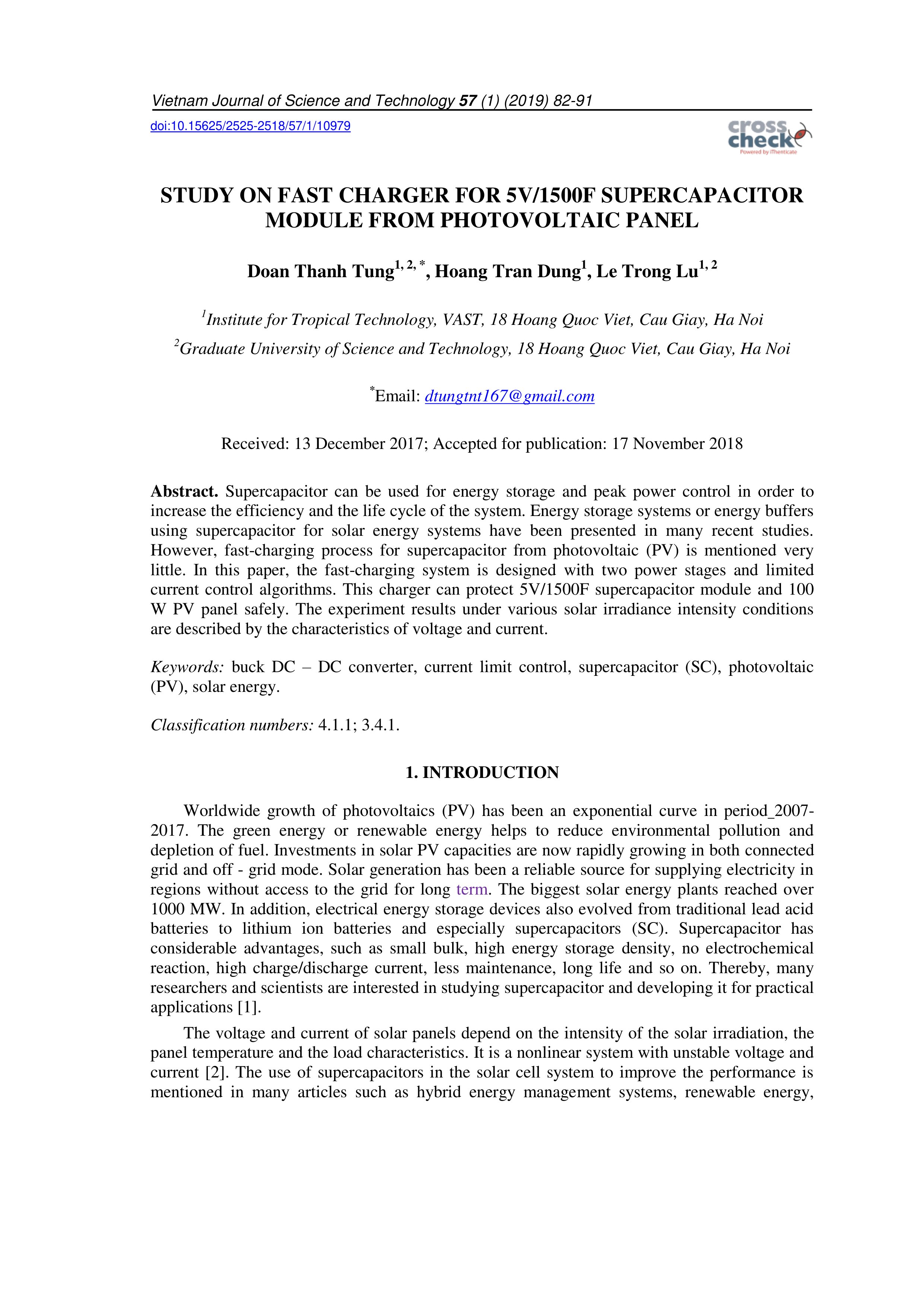 Study on fast charger for 5V/1500F supercapacitor module from photovoltaic panel