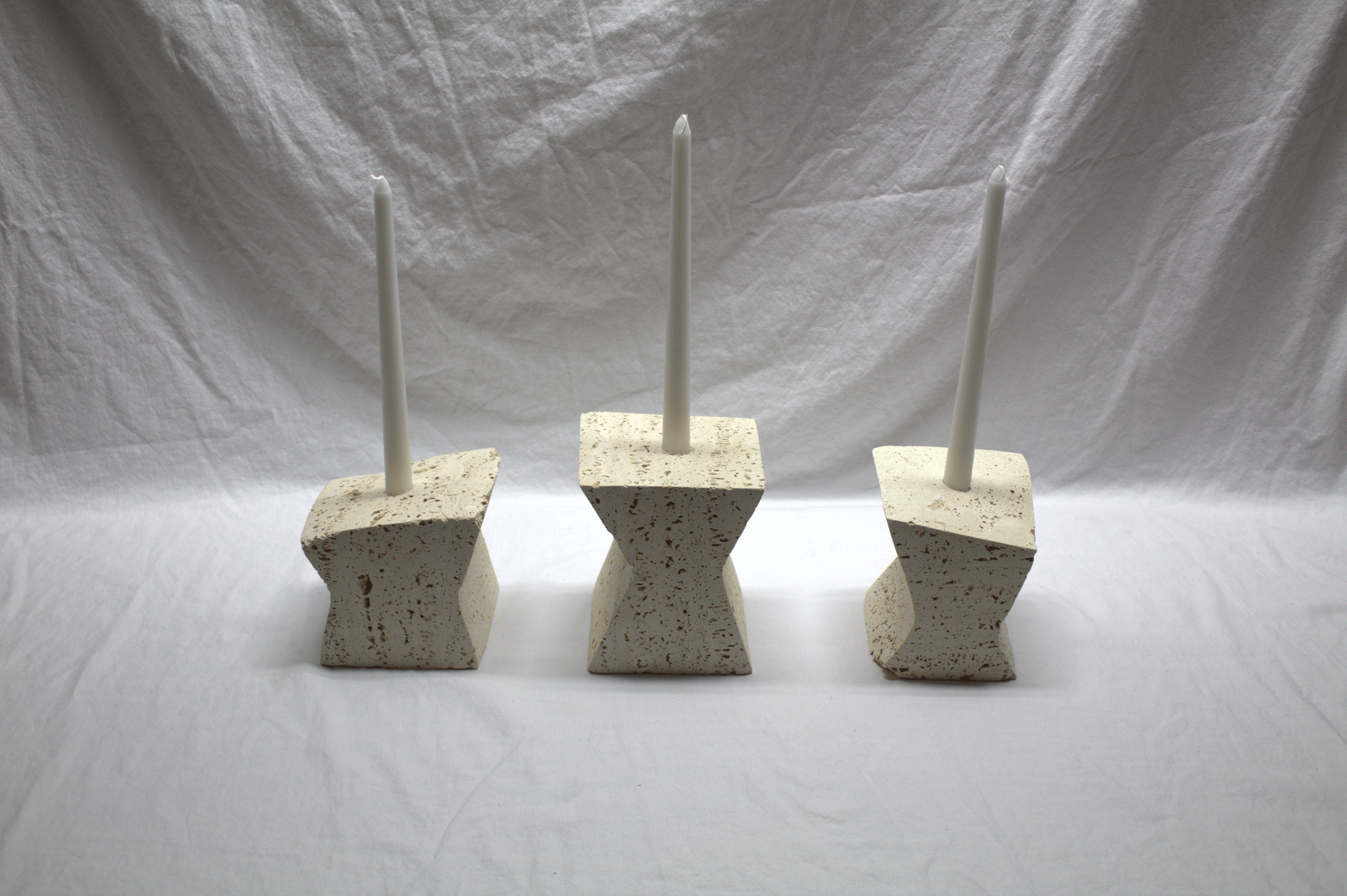 Three-piece hand-carved stone candle set, decorative stonework by Genesee Valley Stone Works