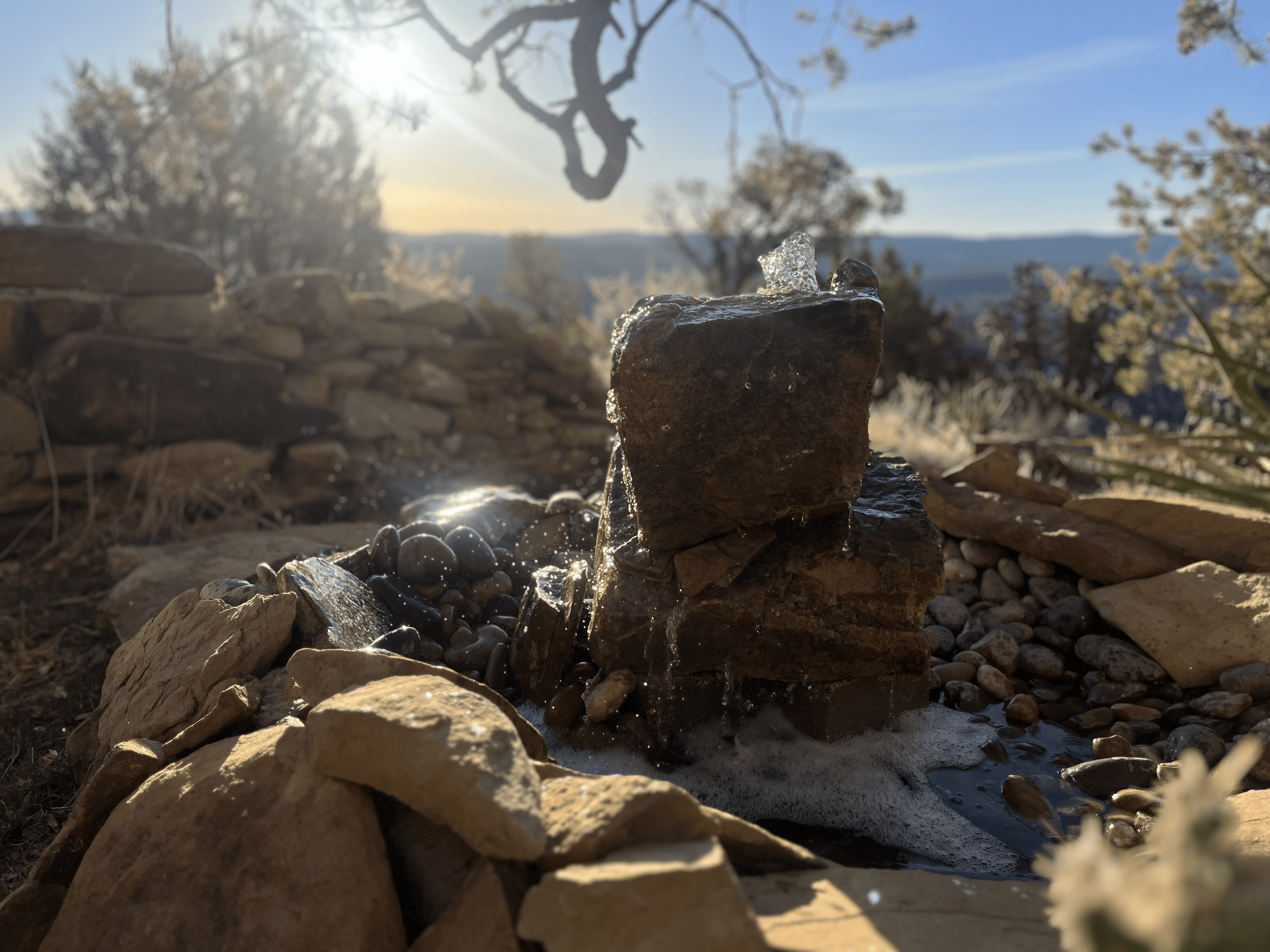 Completed custom stone fountain fabricated and installed by Genesee Valley Stone Works — Cedar Crest project