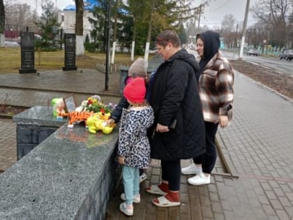 Жители Гордеевского района несут цветы, свечи и игрушки к мемориалу в память о погибших в Подмосковье