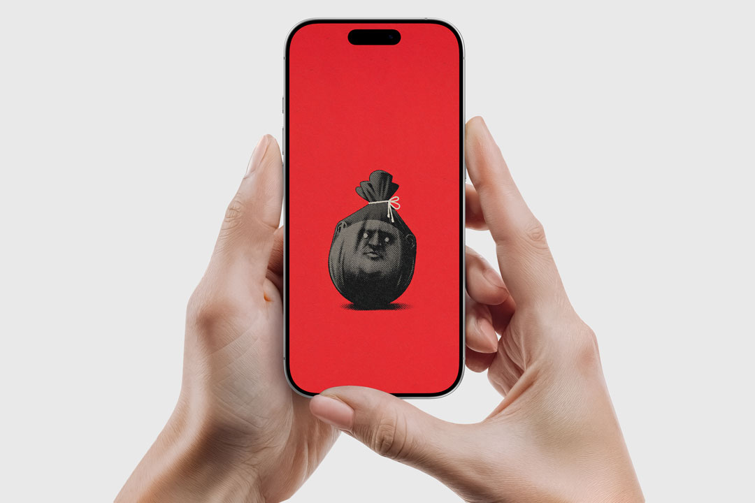 A surreal minimalist artwork featuring a human face inside a tied bag on a bold red background. Perfect for abstract, dark aesthetic, and modern art lovers