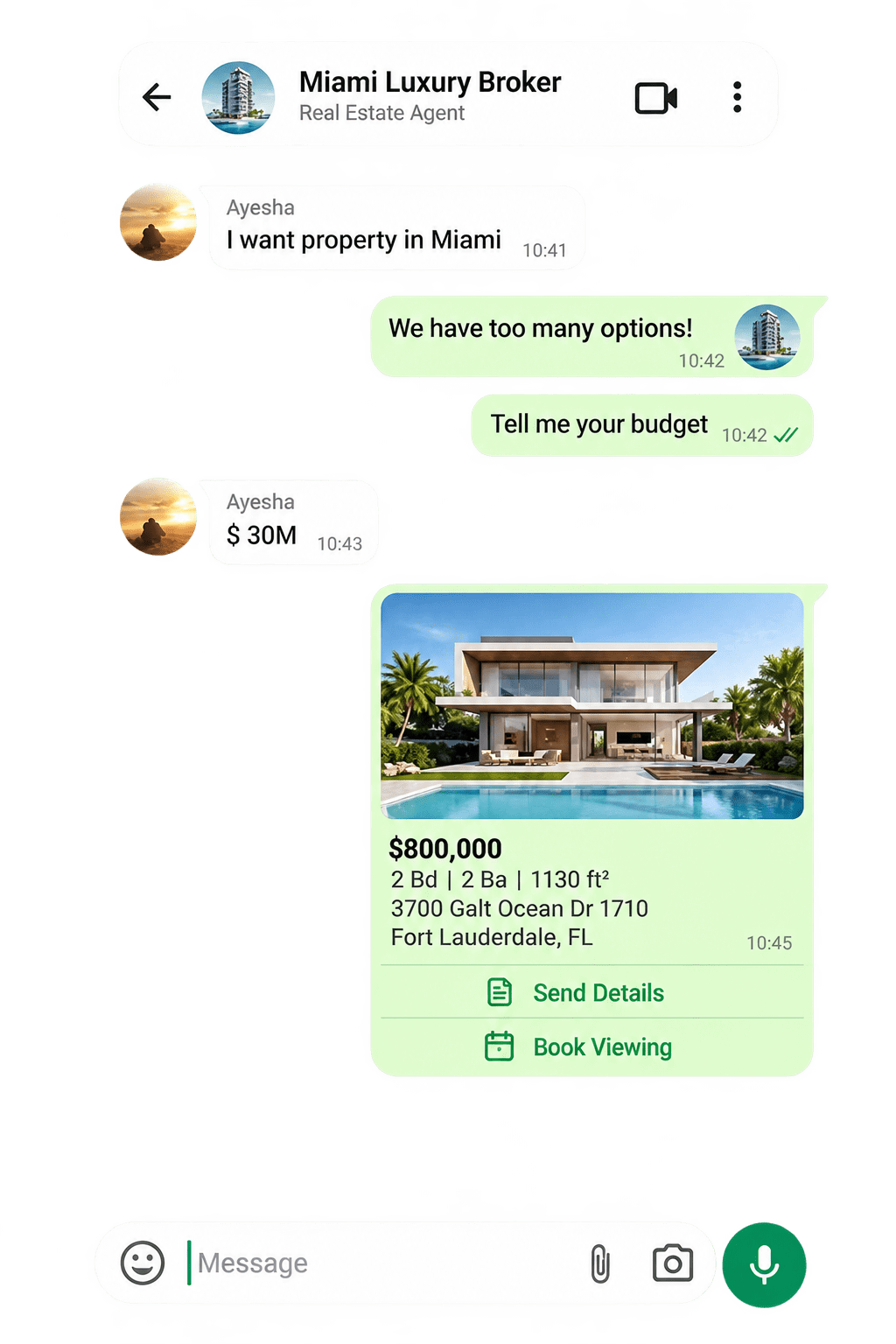 A WhatsApp thread where the agent qualifies a property enquiry, asks for a budget, then sends a matching listing with Send Details and Book Viewing actions.