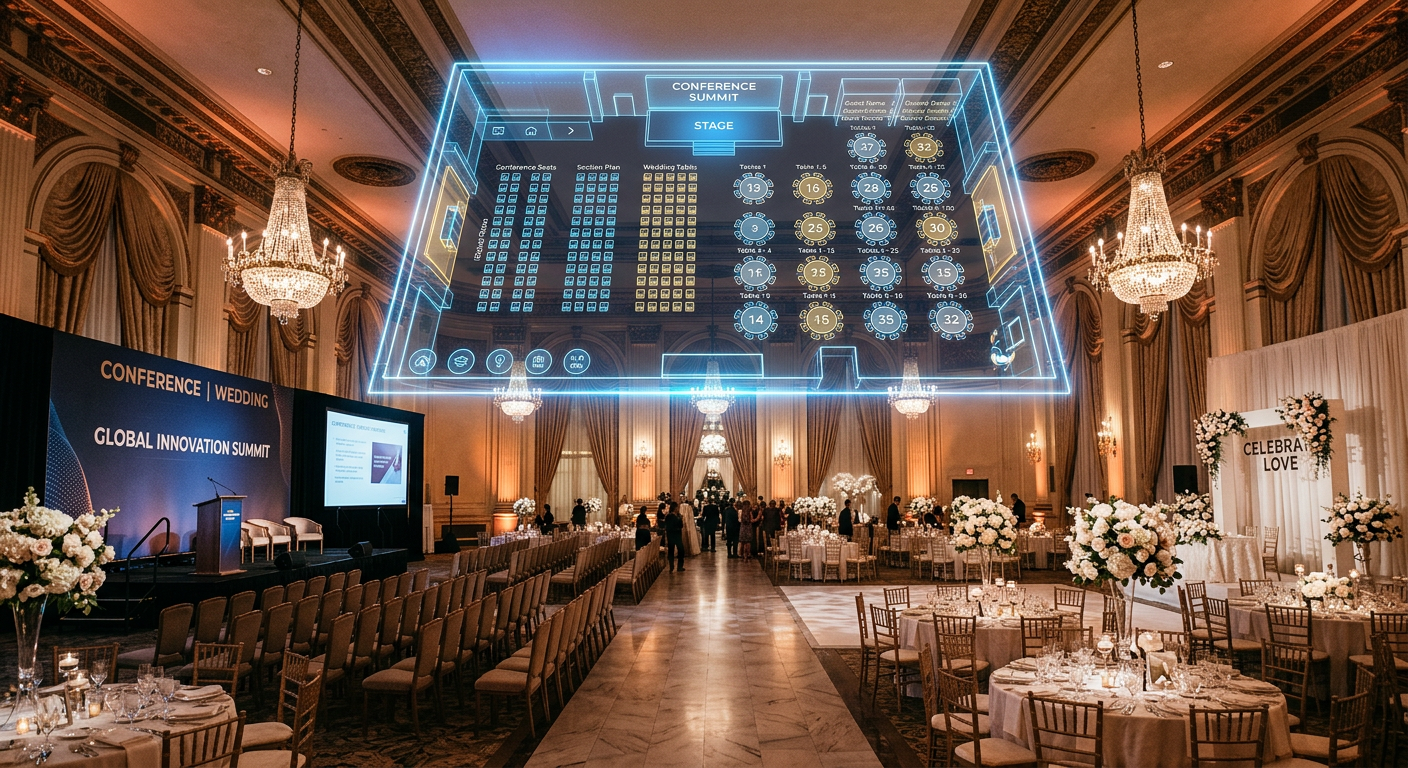 Elegant event center prepared for conference and wedding setup