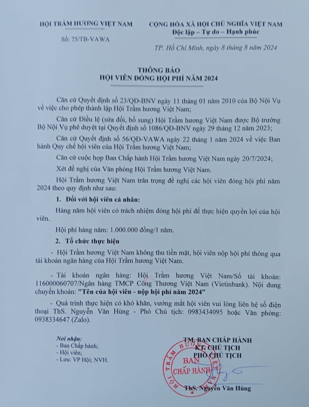THÔNG BÁO HỘI VIÊN ĐÓNG HỘI PHÍ NĂM 2024