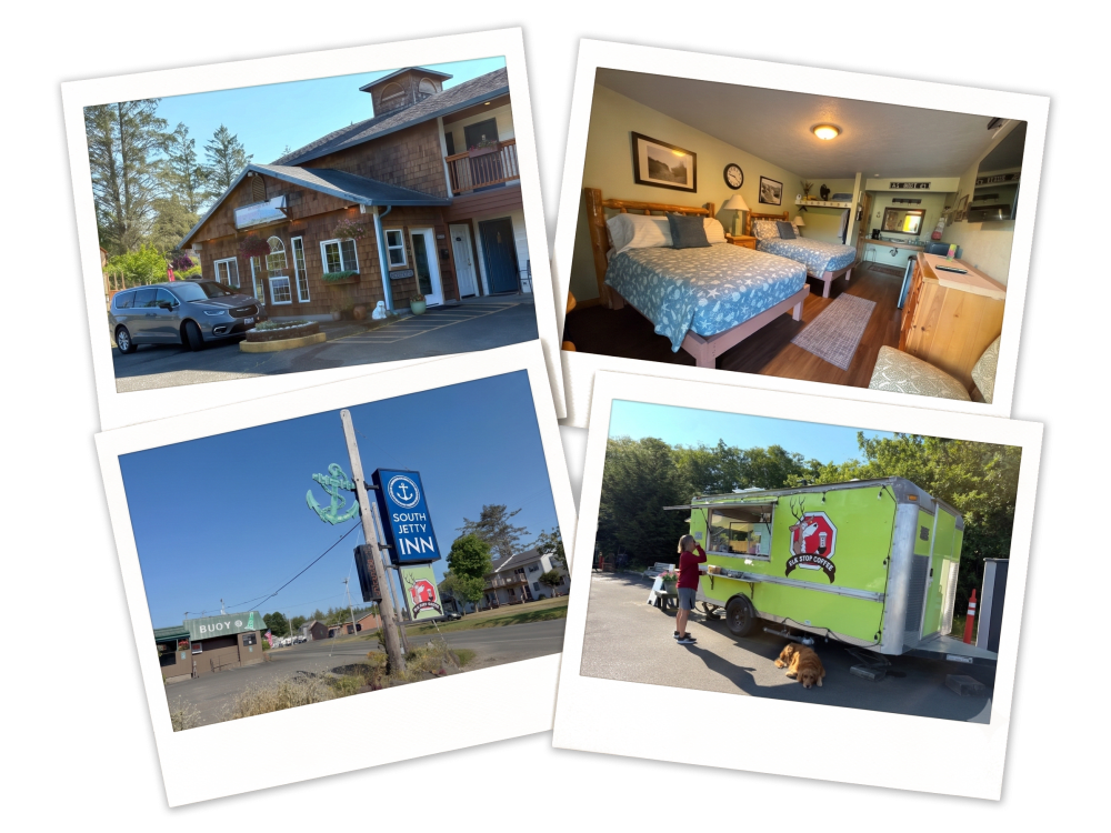 A collage of the South Jetty Inn in Hammond Oregon showing exterior motel room access, a local coffee trailer, and dog friendly grounds