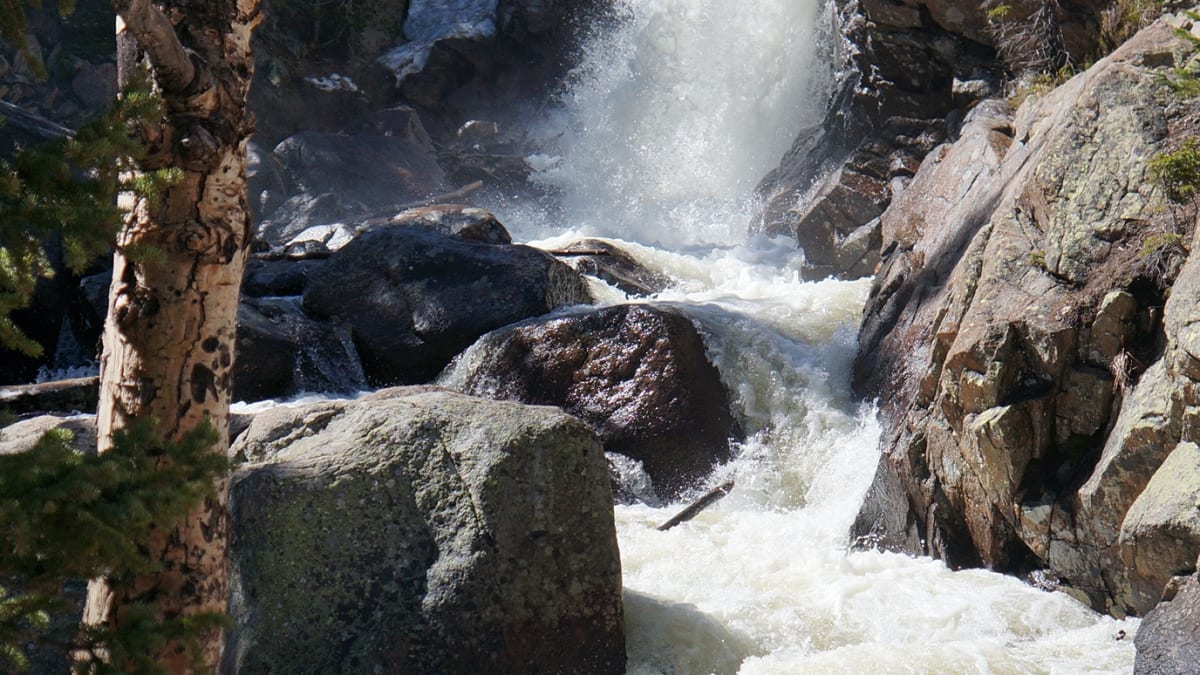 Alberta Falls tumbling through a granite gorge on Glacier Creek, Rocky Mountain National Park, Colorado