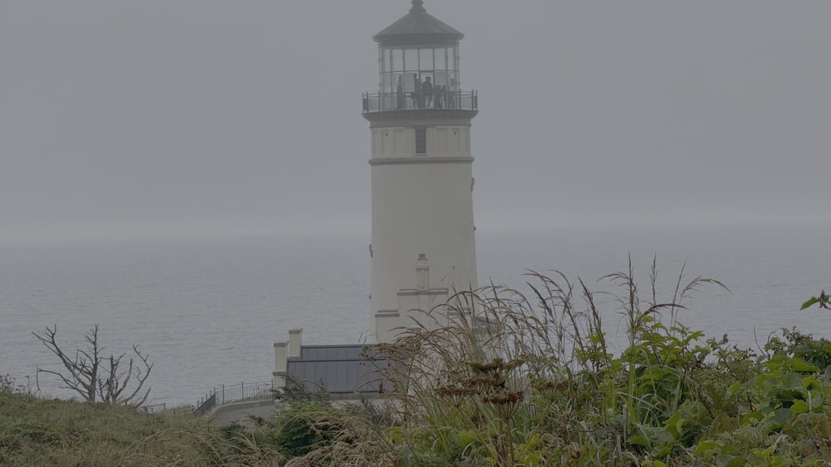 North Head Lighthouse, the tall 1898 tower on the bluff above the Pacific at Cape Disappointment State Park