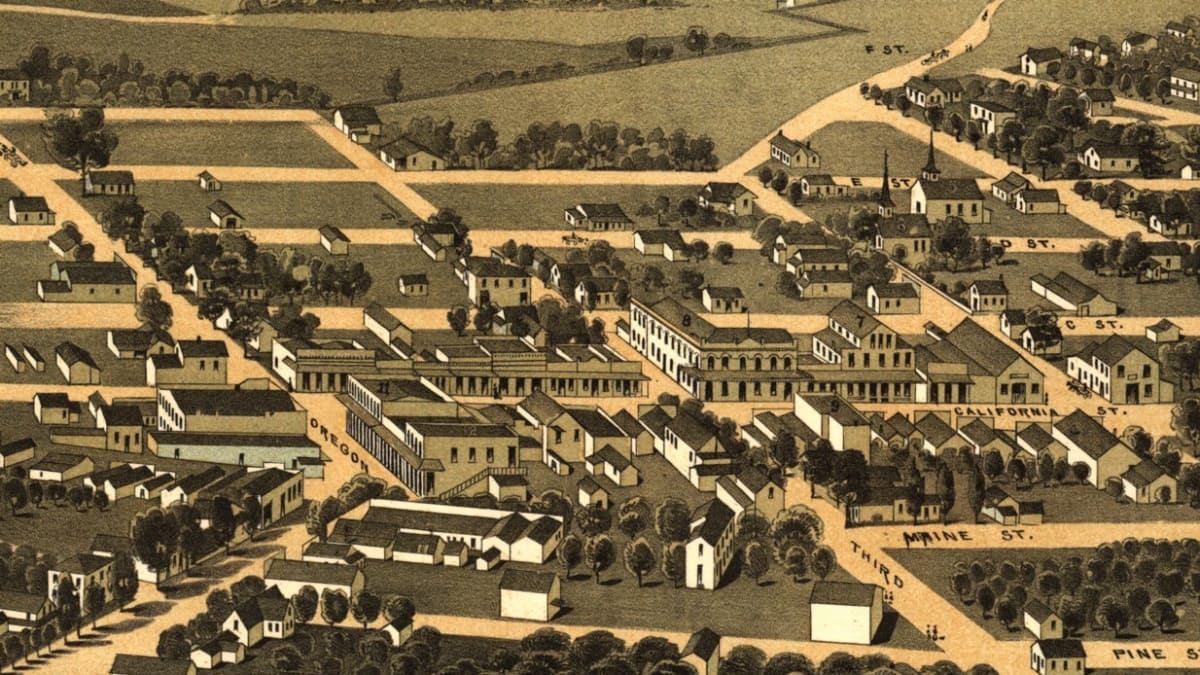 An 1883 bird's-eye view of the historic gold-rush town of Jacksonville, Oregon
