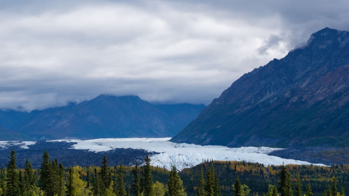The Matanuska Glacier flowing down its valley in the Chugach Mountains, Alaska