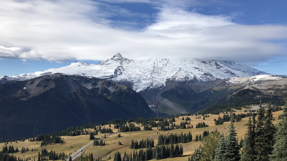 Mount Rainier and the Emmons Glacier seen from the high meadows of Sunrise, Washington