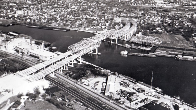 Twin bridges under construction for Interstate 80 near Joliet, Illinois, in 1964