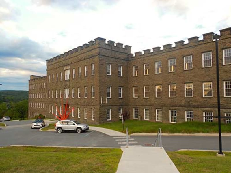 The Hawley Silk Mill on the Lackawaxen River in downtown Hawley, Pennsylvania
