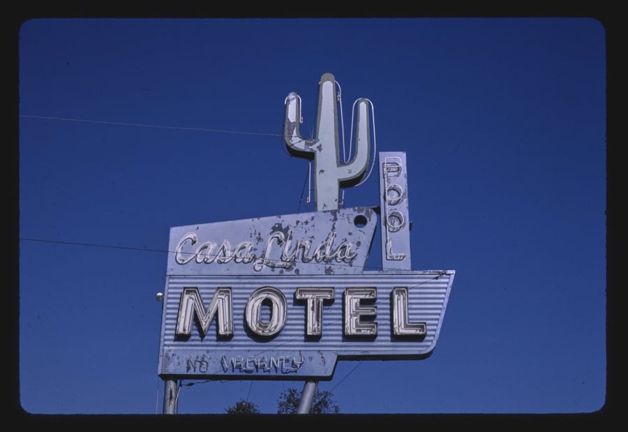 The neon sign of the Casa Linda Motel on old Route 99 in Willows, California