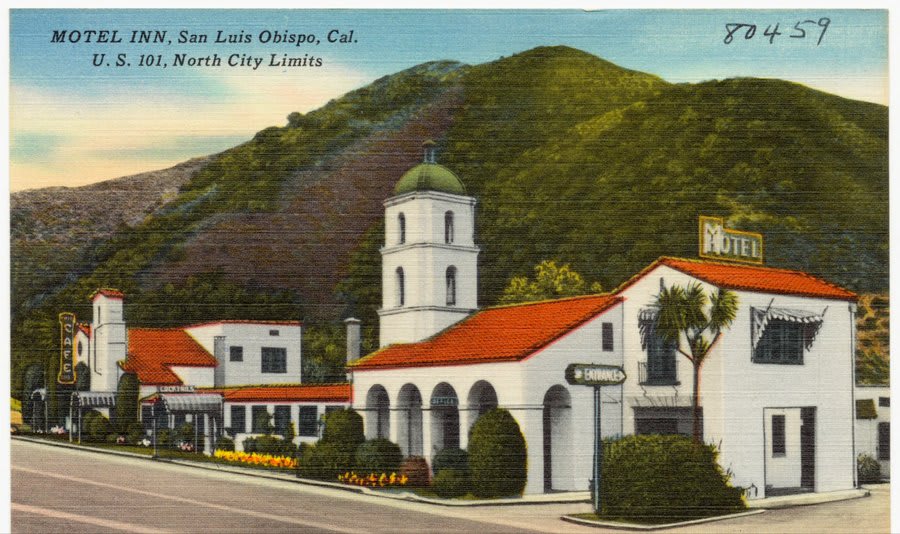 Vintage postcard of the Motel Inn in San Luis Obispo, California. The world's first motel, designed by Arthur S. Heineman and opened in 1925
