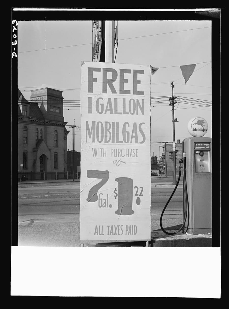 A wartime service-station scene illustrating gasoline rationing in the eastern United States in 1942