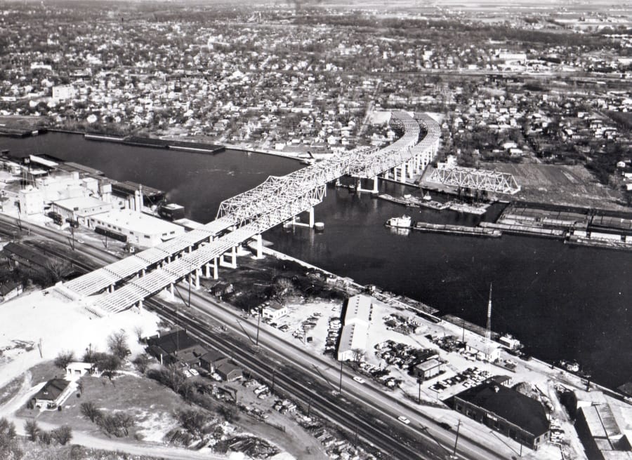 A 1964 aerial photograph of twin steel bridges under construction to carry Interstate 80 over the Des Plaines River near Joliet, Illinois.