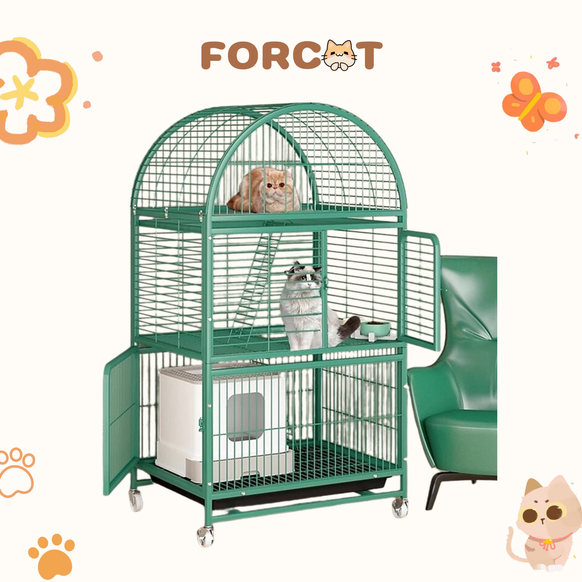 Lồng mèo nan ống 3 tầng Xanh