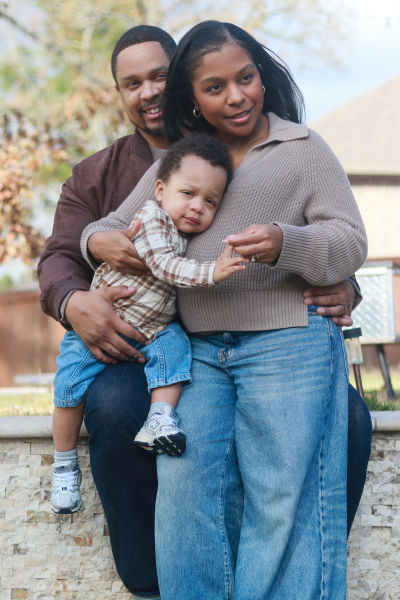 Smiling family trio portrait session by Studio37 Photography, Pinehurst, TX.