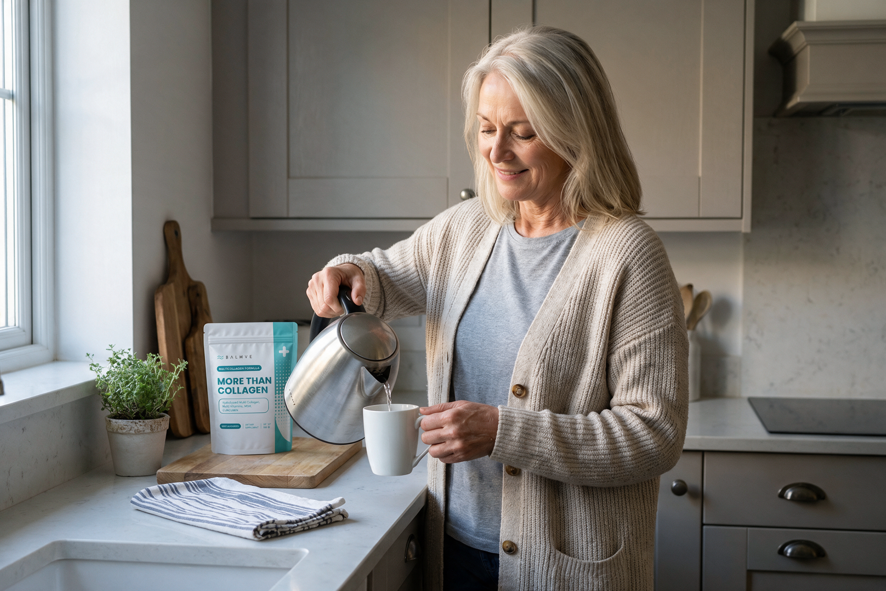 Woman in her kitchen in the morning, Revive Mix visible on counter