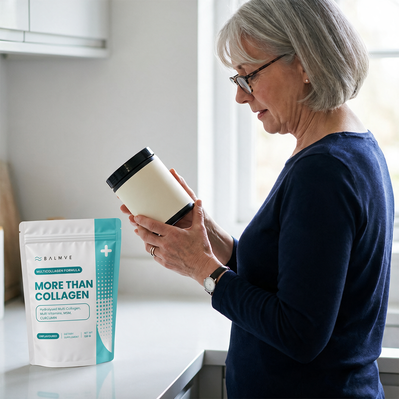 Woman reading collagen label next to Revive Mix showing Type II