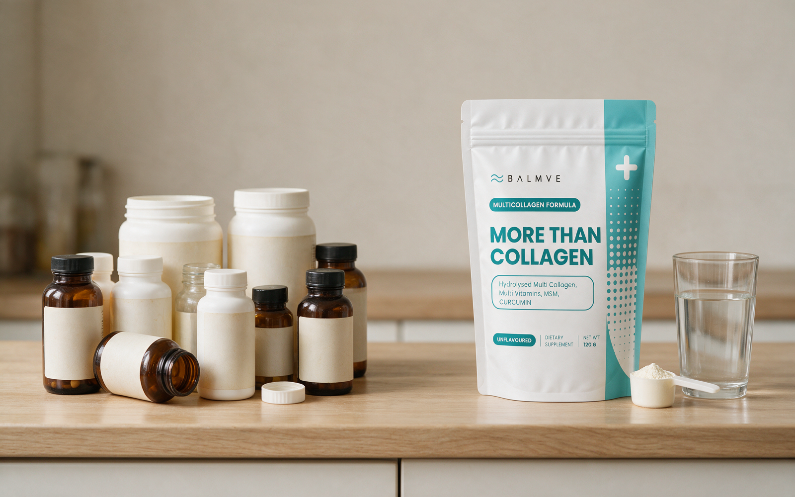 Counter showing many supplement bottles on one side, Revive Mix and one scoop on the other