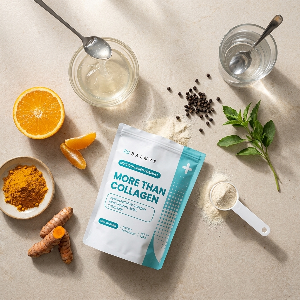 Revive Mix bag on kitchen counter surrounded by turmeric, orange, collagen powder