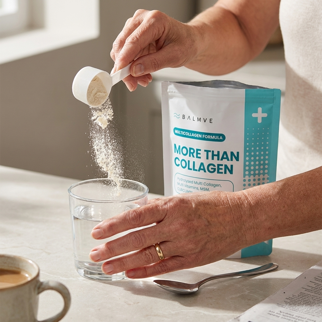 Mature woman scooping Revive Mix into a glass of water — one scoop a day