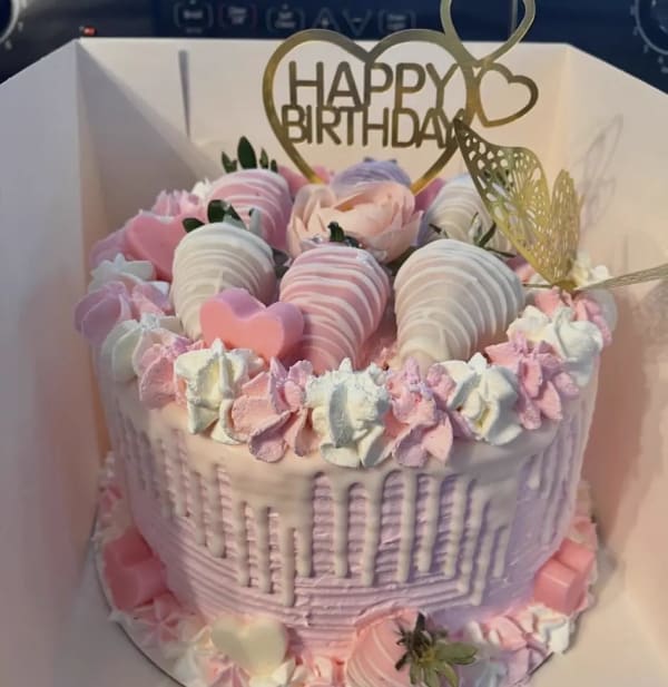 Custom birthday cake with chocolate covered strawberries by Christy's Cakes Whiteville NC