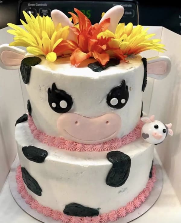 Custom two-tier cow themed birthday cake by Christy's Cakes Whiteville NC