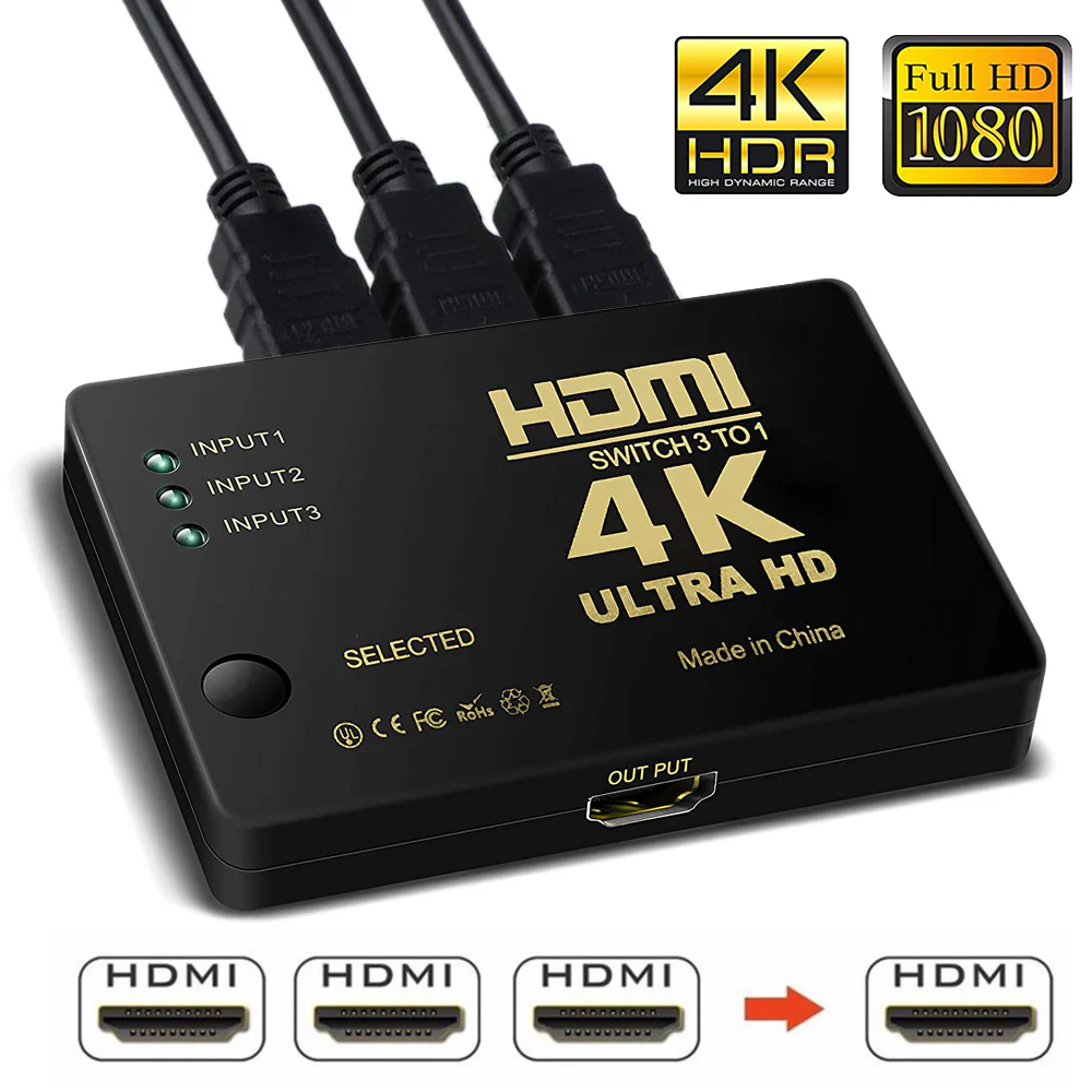 Interruptor/Distribuidor HDMI 3×1 Amplificado – Suporte 4 K e Auto‑Switch
