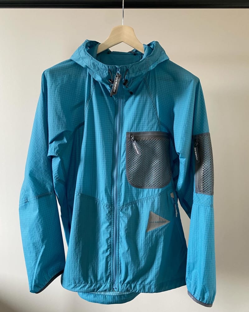 AND WANDER Breath Rip Stop Hooded Jacket — Aqua Blue · L (fits XL)