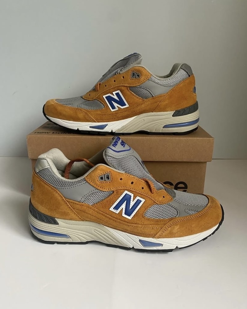 NEW BALANCE 991 YBG “Curry” — Yellow / Blue / Grey · UK 8.5–9.5