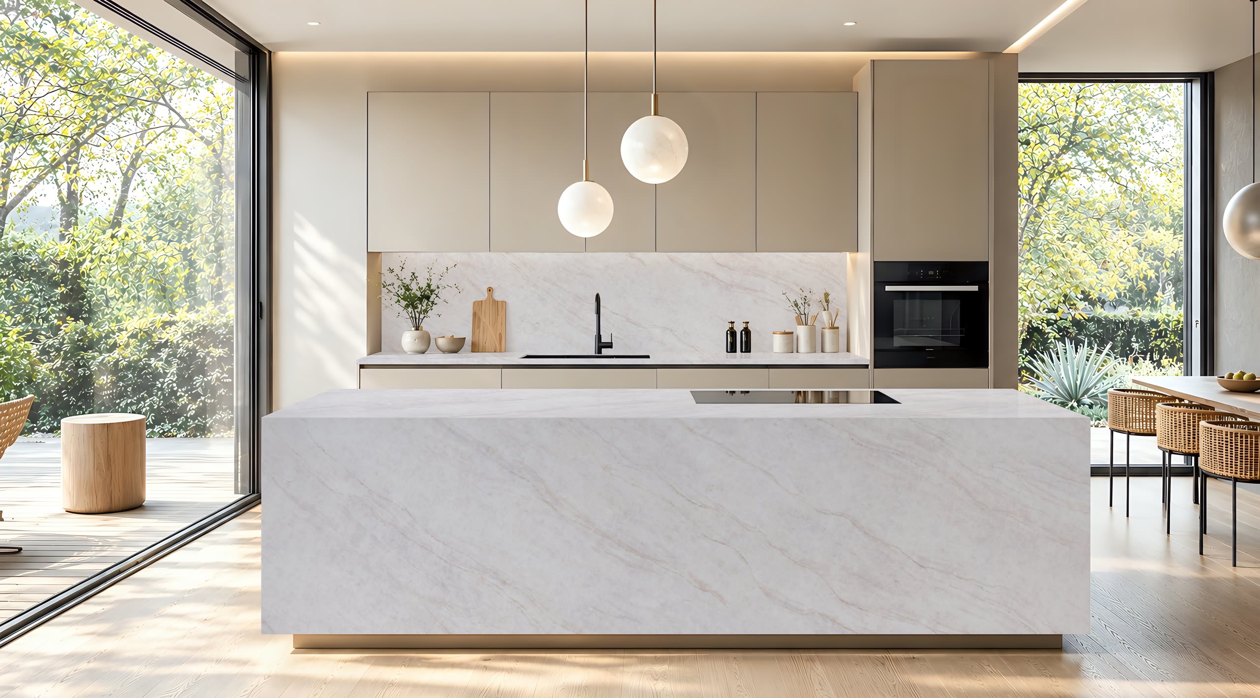 Desert Pearl quartz kitchen island and worktop