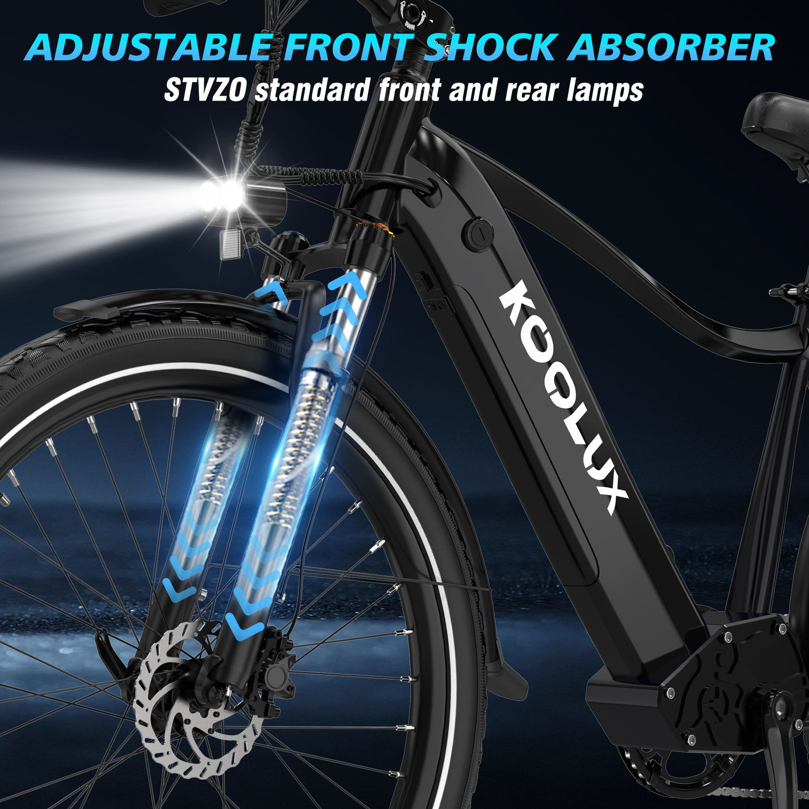 KOOLUX X3 Commuter Electric Bike adjustable front shock absorber and front lamp
