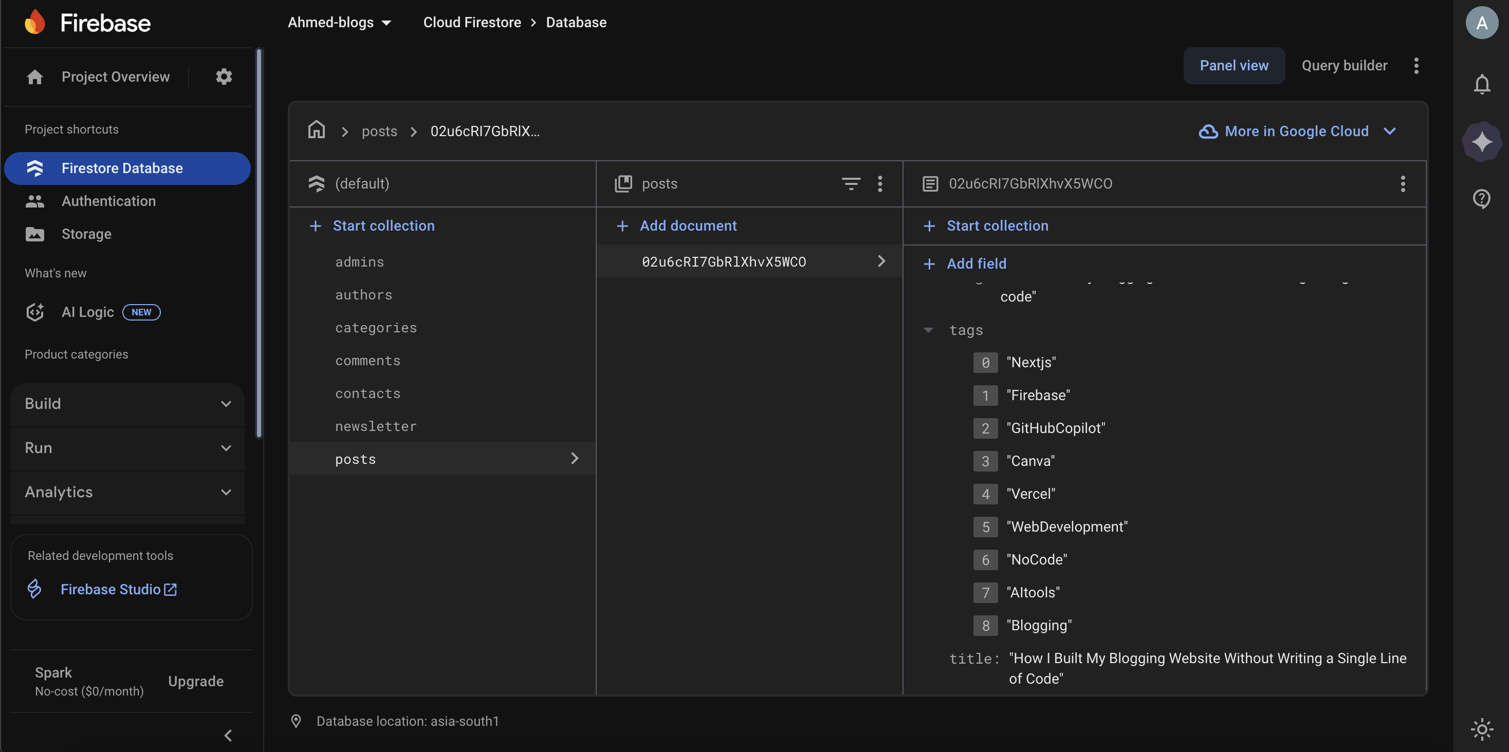 Firebase collections screenshot