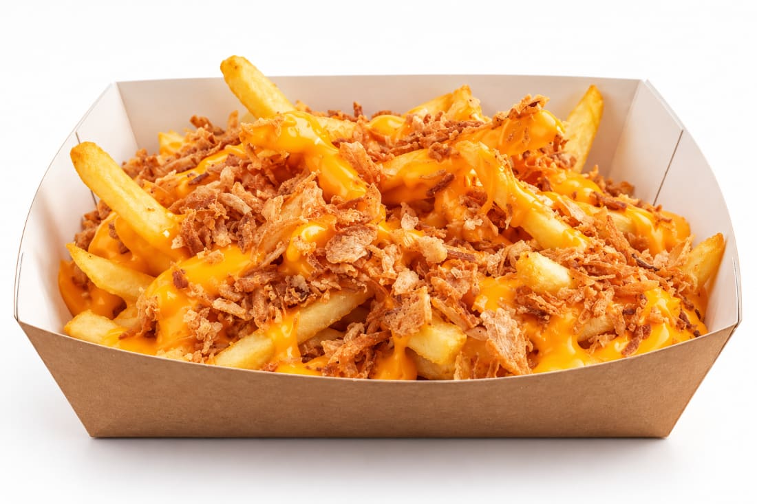 Cheddar Soslu ve Çıtır Soğanlı Patates Kızartması