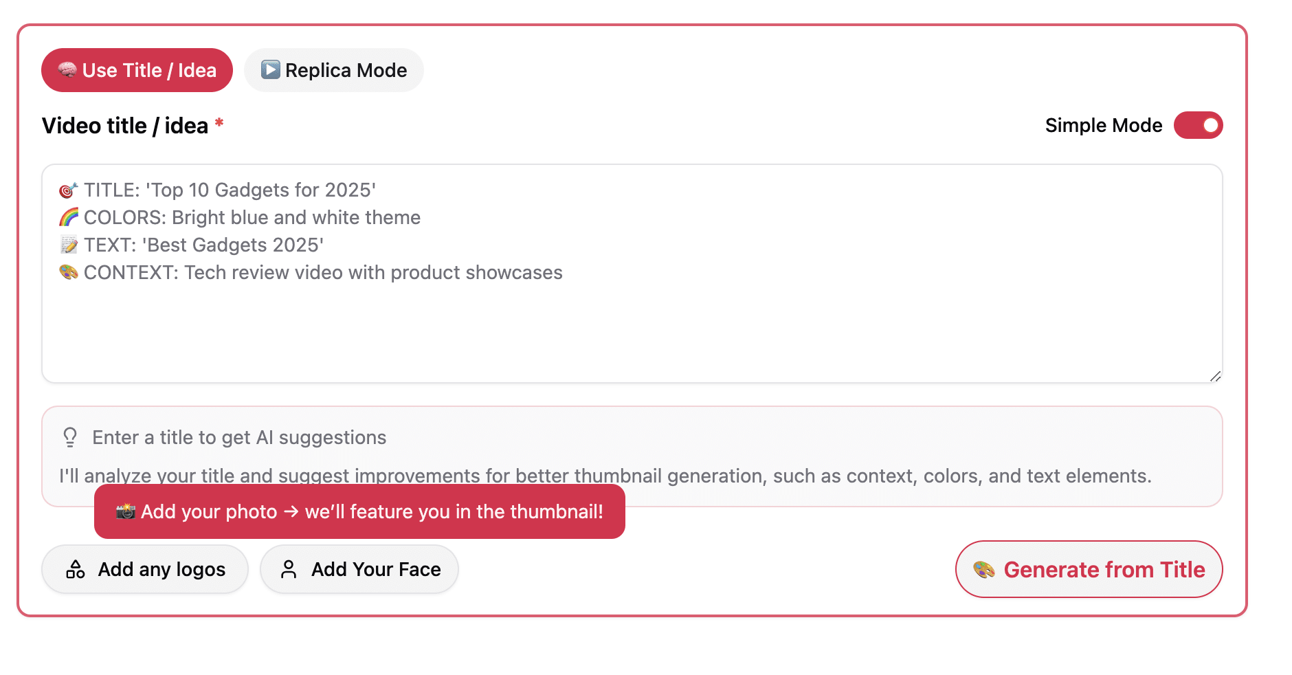 AI Thumbnail Studio interface showing how to add a photo for personalization