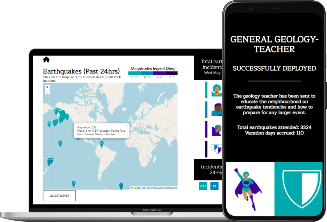 a macbook and mobile phone showing a live demo of the Earthquake Detection website