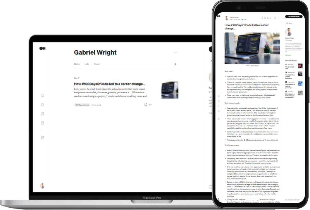 a macbook and mobile phone showing a live demo of a Medium article written about #100DaysOfCode