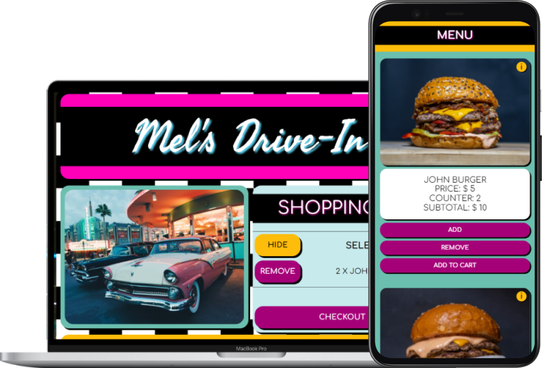 a macbook and phone showing a live demo of the Mel's Drive-in food app