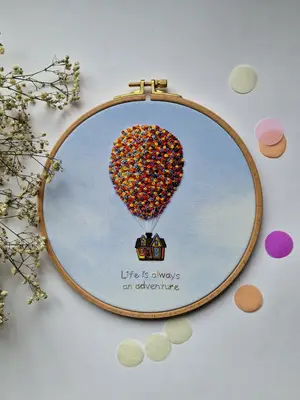 Мініатюра Life is always an adventure | Вишивка з будиночком і повітряними кульками 1
