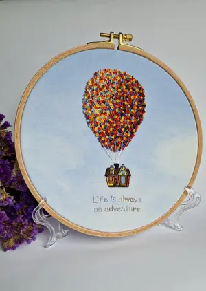 Мініатюра Life is always an adventure | Вишивка з будиночком і повітряними кульками 2