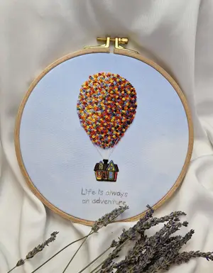 Мініатюра Life is always an adventure | Вишивка з будиночком і повітряними кульками 3