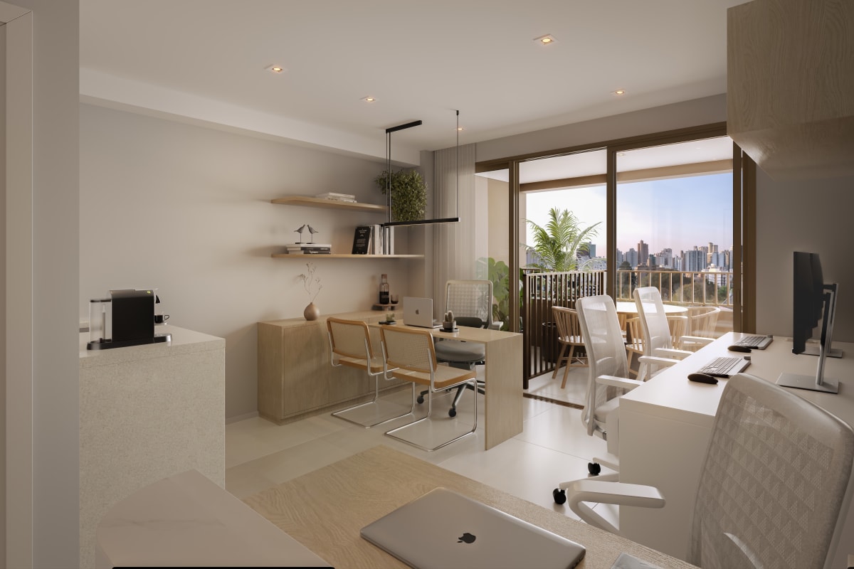 Studio decorado com terraço integrado