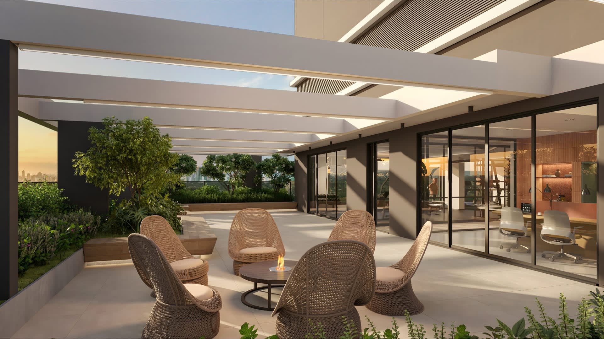 Perspectiva artística do lounge externo com lareira