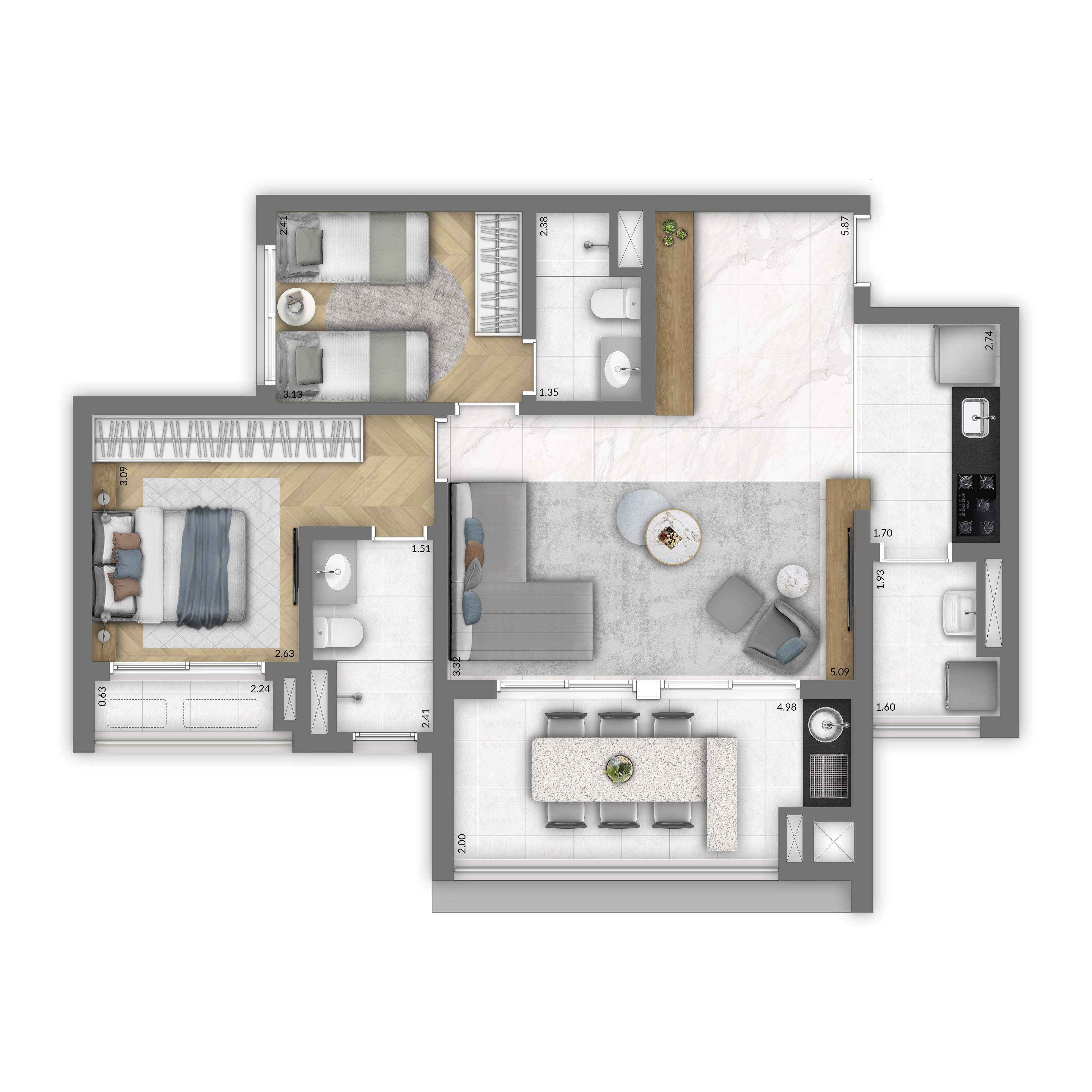 Planta 2 dorms · 2 suítes