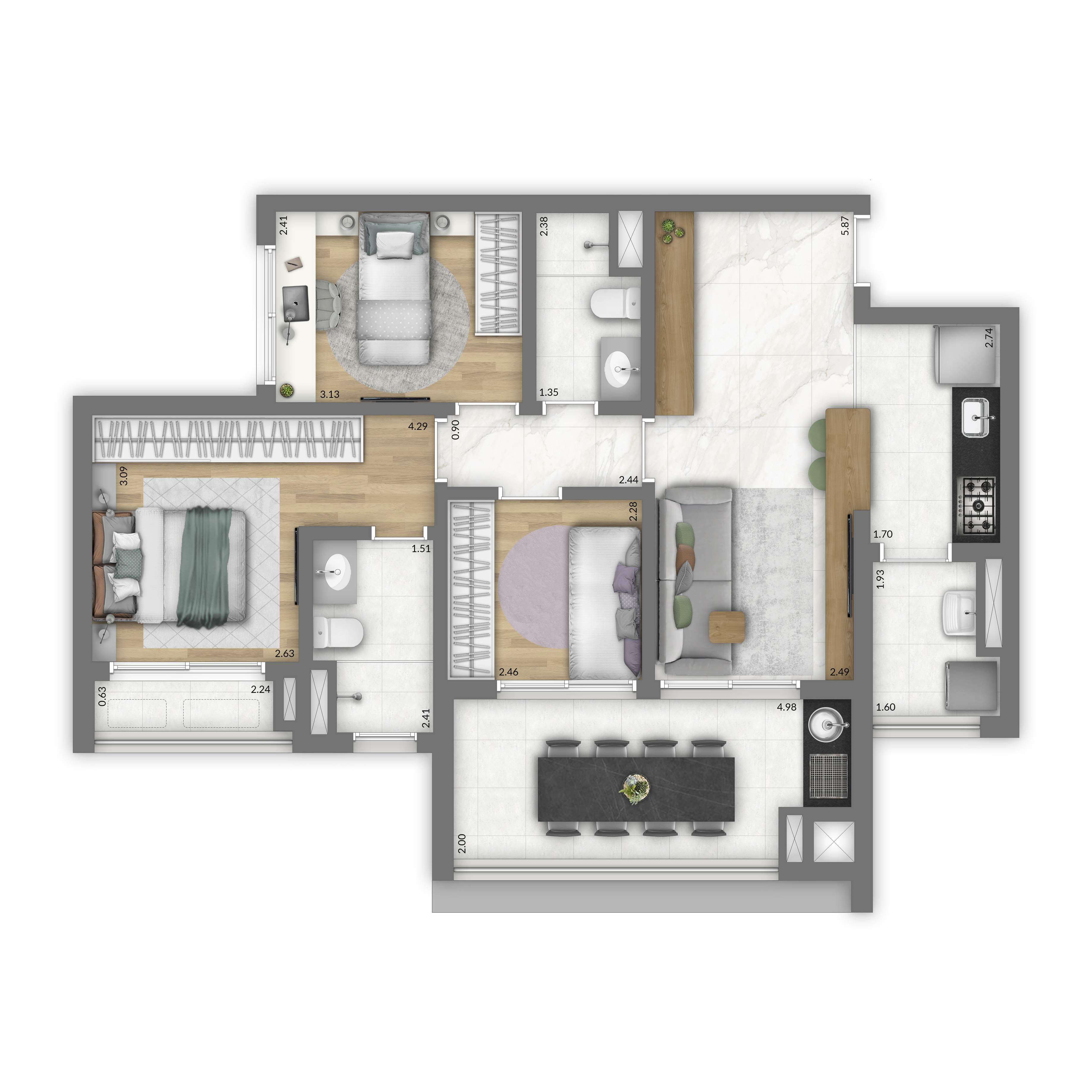Planta 3 dorms · 1 suíte
