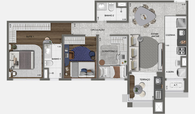 Planta 3 dorms · 1 suíte